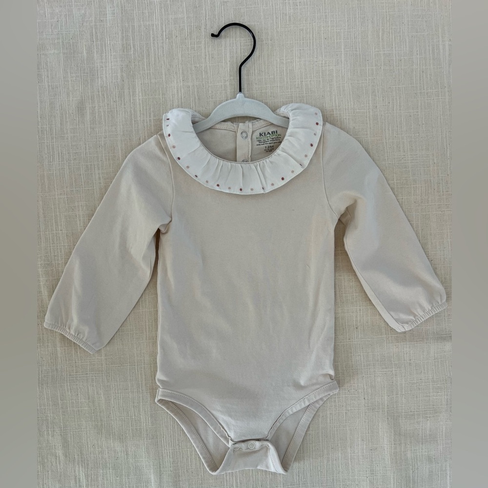 Cream Ruffle Collar Bodysuit with Puff Sleeves